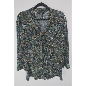 PERCEPTIONS NY‎ Womens Top Size 16 Green Pattern Blouse Floral Print 3/4 Sleeve